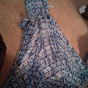 Banana Republic Navy and White Asymmetrical Halter Maxi Dress